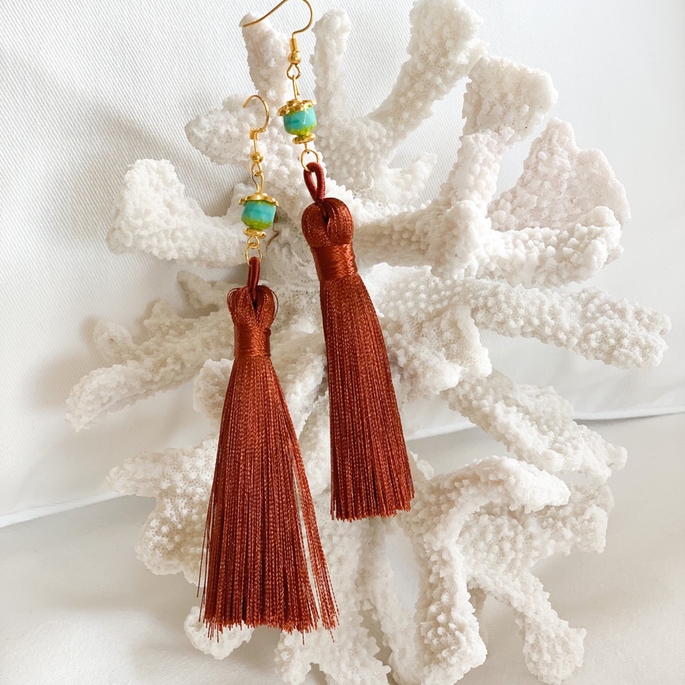 NEW Tassel Earrings - Handmade Brown, Turq & Gold